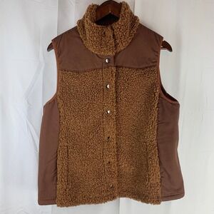 Aventura Sherpa Fleece Vest Womens Large Brown Snap Front Sustainable Cabin